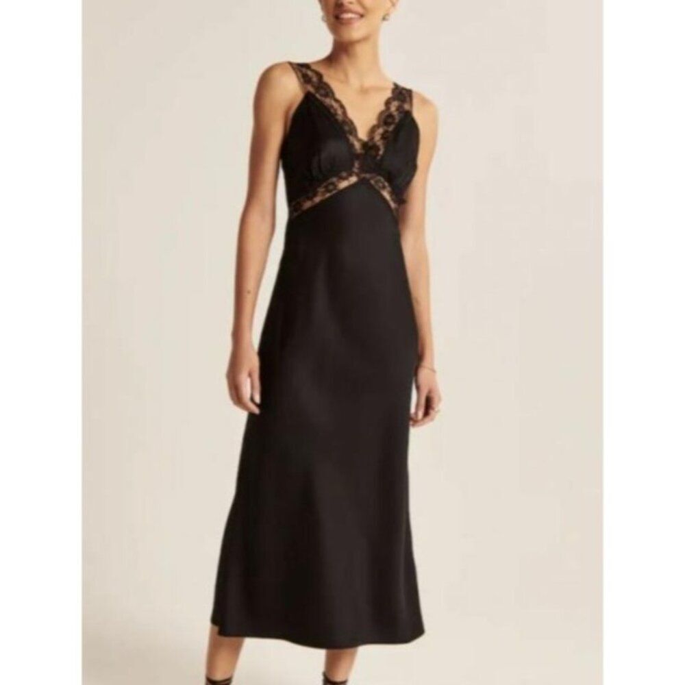Abercrombie and Fitch Black Satin Lace Slip Midi Dress Size Medium - Picture 2 of 9